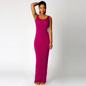 Detail of fuchsia ribbed knit maxi dress showing slim fit sleeveless design
