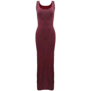 Detailed view of wine red sleeveless bodycon maxi dress with knit texture and round neck