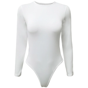 Detailed view of white long sleeve bodysuit with snap button closure and round neckline