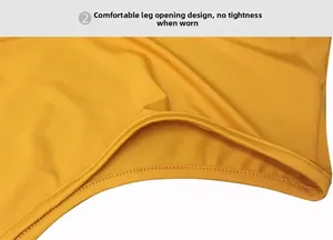 Detail of comfortable leg opening with high-quality stitching on yellow bodysuit