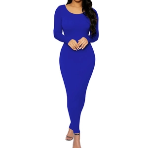Slim fit long sleeve royal blue bodycon maxi dress with round neck for women