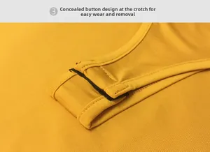 Detail shot of yellow ribbed bodysuit featuring snap button crotch closure for comfort