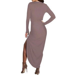Rear view of long sleeve slim fit maxi dress with side slit in mauve color