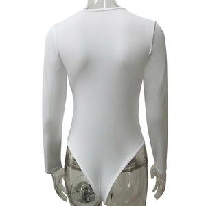 Rear view of sleek white long sleeve bodysuit with crew neck on transparent mannequin