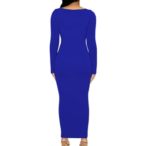 Rear view of slim fit long sleeve bodycon maxi dress in deep royal blue knit fabric