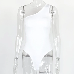 Detail of white one-shoulder bodysuit with high-elastic fabric and slim fit design