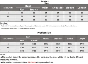 Detailed size chart for long sleeve bodysuit showing S to L measurements in cm and inches