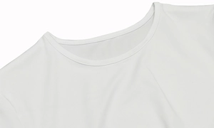 Close-up of the crew neck collar with double-stitch sewing on white breathable bodysuit