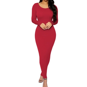 Slim fit red long sleeve maxi dress with round neck and bodycon silhouette for women