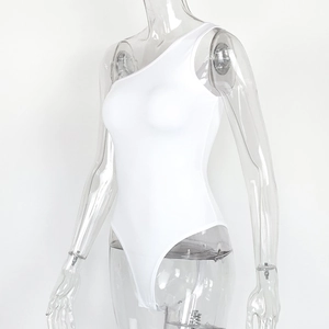 Detail view of white one-shoulder bodysuit showing slim fit cut on transparent mannequin