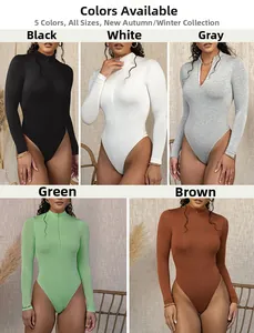 Detail showing high-collar ribbed bodysuit in five colors with zip closure