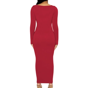 Slim fit long sleeve red maxi dress with round neck and elegant back silhouette view