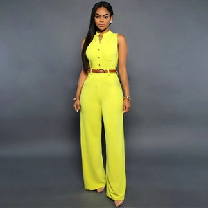 Detail view of high-waist sleeveless yellow jumpsuit with button stand collar and belt