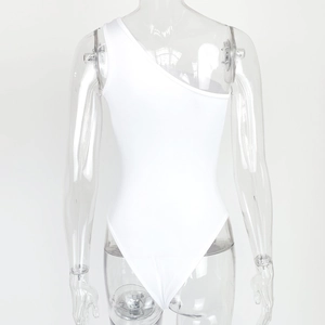 Rear view of white one-shoulder bodysuit with backless design and slim fit cut