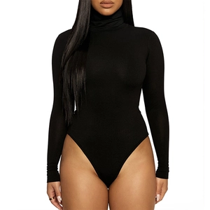 Front view of a slim-fit black turtleneck long sleeve bodysuit with high-cut design