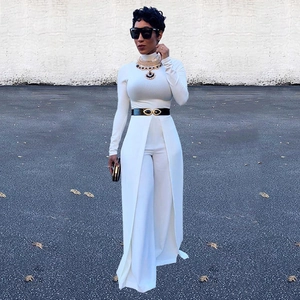 Women Elegant High Neck Long Sleeve Wide Leg Jumpsuit With Split Skirt Overlay Slim Fit Office Commuter Party One Piece