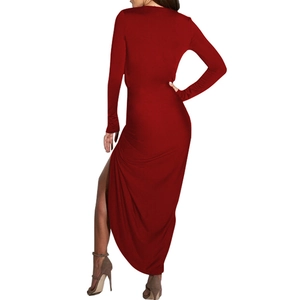 Back view of a slim-fit wine red long sleeve dress featuring a high side split design