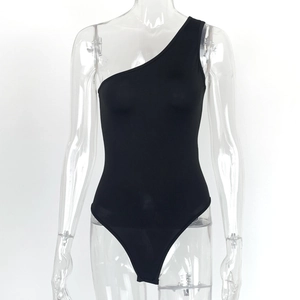 Detail of sexy black one-shoulder sleeveless tight bodysuit with high-elastic fabric