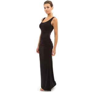 Detail of elegant black sleeveless maxi dress featuring side ruching and slim fit design