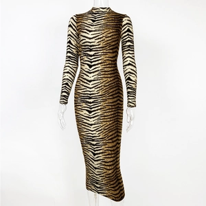 Détail d'une robe maxi à col montant avec imprimé animal, manches longues et motifs tigre