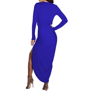 Back view of bodycon electric blue long sleeve dress with high side slit detail