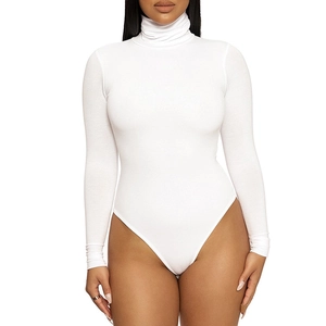 Detail view of white turtleneck long sleeve bodysuit with slim fit and elastic fabric