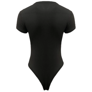 Detail view of the black crew neck short sleeve bodysuit with a slim fit cut