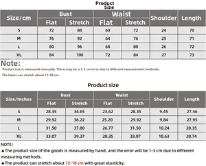 Detailed size chart for sleeveless bodysuit with measurements in cm and inches for S-XL