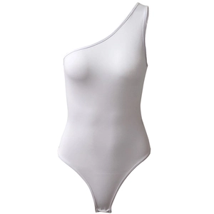 Detailed front view of white one-shoulder bodysuit with high-elasticity fabric
