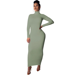 Detail of sage green long-sleeved turtleneck bodycon dress showing fabric and fit