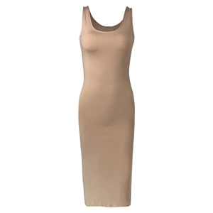 Sleeveless bodycon midi dress with round neck in beige stretch fabric, front view