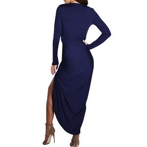 Back view of a slim-fit navy blue long-sleeve maxi dress featuring a high side slit