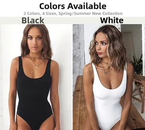 Detail of ribbed knit sleeveless bodysuits in black and white with scoop neckline