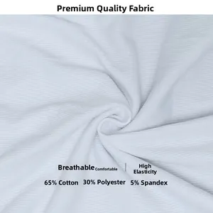 Close-up of white ribbed knit fabric showing 65% cotton and 30% polyester texture