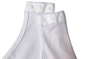 Close-up of white bodysuit crotch featuring three snap button closures for convenience