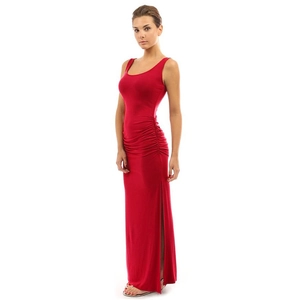 Detail view of the elegant red bodycon dress with ruching side and thigh high slit design