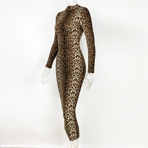 Détail de la robe moulante à imprimé léopard avec manches longues et col montant