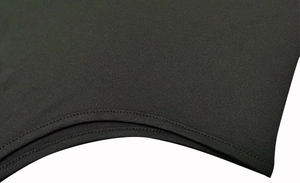 Close-up of double-needle stitching on black knit bodysuit neckline and fabric texture