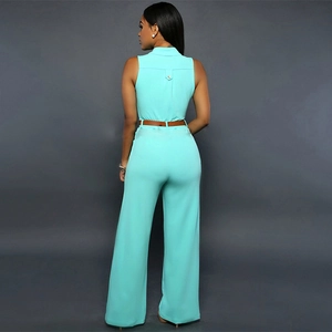 Back view of mint green high-waisted wide-leg jumpsuit with brown waist belt and pockets