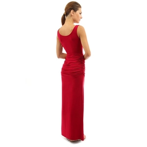 Red sleeveless pleated maxi dress with deep U-back and slim fit side slit design