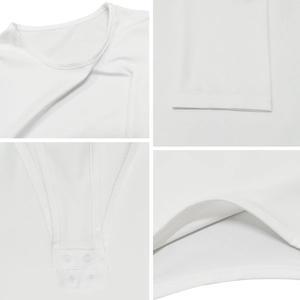 Slim fit long sleeve white bodysuit for women featuring crew neck and snap button closure