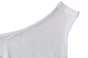 Detailed close-up of double-needle stitching on the white sleeveless bodysuit fabric