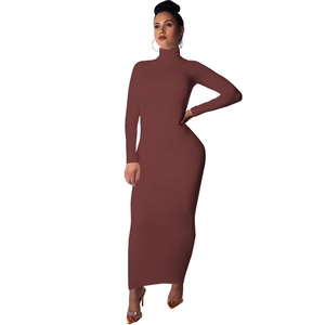 Close-up of slim-fit brown turtleneck dress with high elasticity fabric details