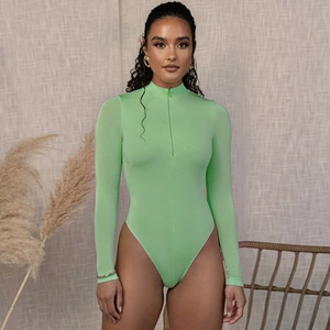 Light green long sleeve bodysuit with half-high collar and metal zipper closure for women