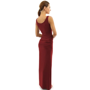 Detail of burgundy ruched maxi dress featuring sleeveless open back and slim fit silhouette