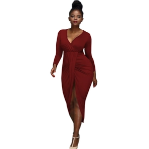 Women V Neck Long Sleeve Ruched Bodycon Dress Sexy Irregular High Slit Evening Party Clubwear Slim Fit Maxi Dress
