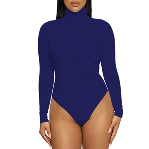Detail of navy blue high neck long sleeve bodysuit showing slim fit and elastic knit fabric