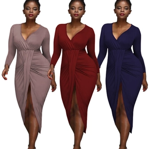 Women's V-neck long sleeve wrap dress with ruched detail and front slit in multiple colors