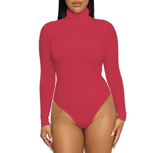 Detail view of red long sleeve turtleneck bodysuit with high-cut design and slim fit cut