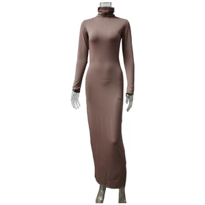 Macro shot of mocha brown high-neck ribbed collar on a slim fit long-sleeved dress